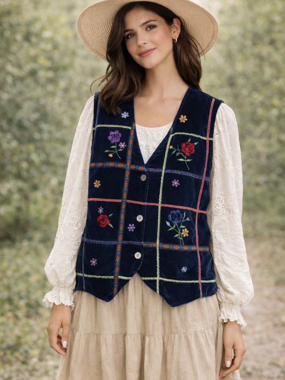 Vintage 80s 90s Vest Women M/L Blue Velvet Floral Embroidered Cottagecore Boho